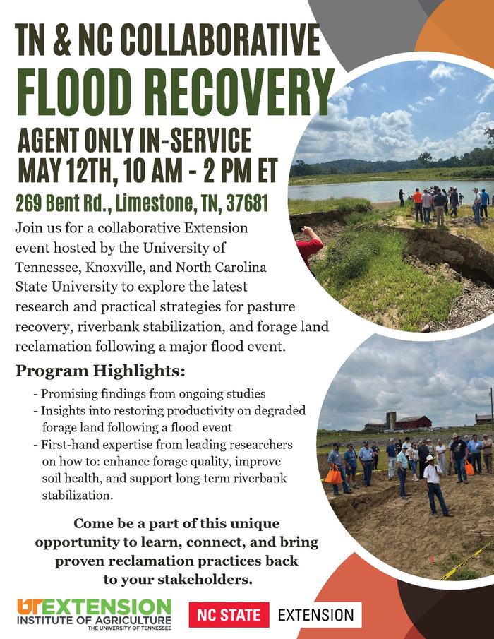 Join us for a collaborative Extension event hosted by the University of Tennessee and North Carolina State University to explore the latest research and practical strategies for pasture recovery and riverbank stabilization following a flooding event.