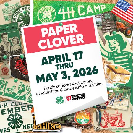Flyer about the 2026 spring Tractor Supply Paper Clover Drive to support 4-H.