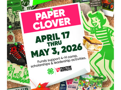 Flyer with 2026 Tractor Supply Company Paper Clover Spring Drive dates April 17th through May 3rd.