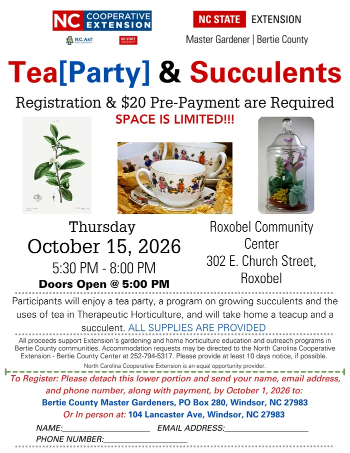 Event flyer for "Tea[Party] & Succulents" hosted by NC State Extension Master Gardener Bertie County on Thursday, October 15, 2026, from 5:30 PM to 8:00 PM at Roxobel Community Center. The flyer features images of a botanical tea plant illustration, decor