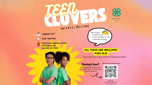 Teen Clovers Interest Meeting flyer for teens ages 13–18 on August 25