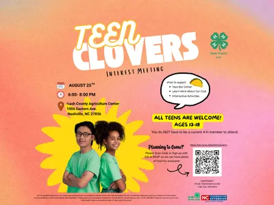 Teen Clovers Interest Meeting flyer for teens ages 13–18 on August 25