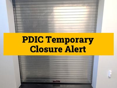 Image showing a closed receiving window with the words "PDIC Temporary Closure Alerts" written over it.