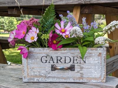 Flowers in a box on a table