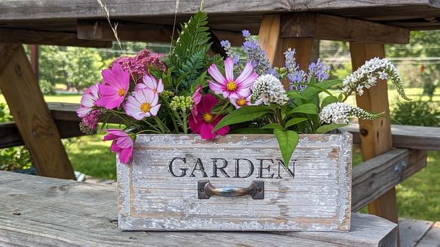 Flowers in a box on a table