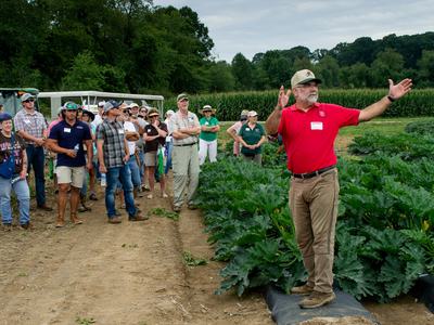 Person talking to tour group in tomato field