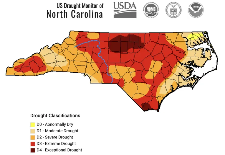 A U.S. Drought Monitor Map of North Carolina illustrating the drought classifications of counties statewide as of July 7, 2026.