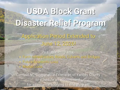Announcement with storm damage background, that the USDA Block Grant Disaster Relief Program Application Period Has Been Extended to June 12, 2026