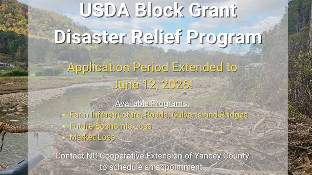 Announcement with storm damage background, that the USDA Block Grant Disaster Relief Program Application Period Has Been Extended to June 12, 2026