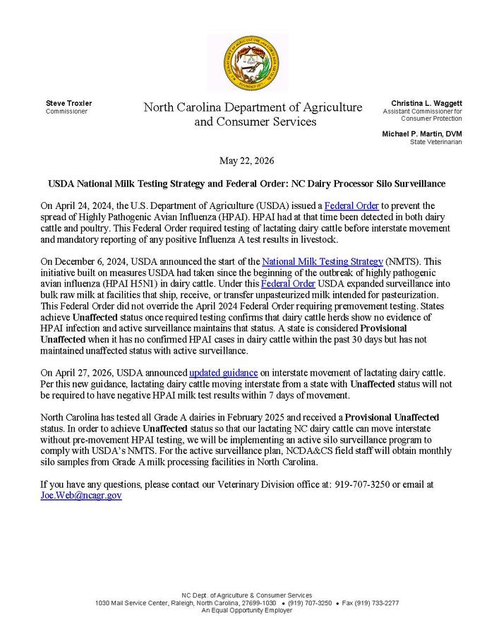 Memo from NCDA&CS RE updated USDA testing strategy