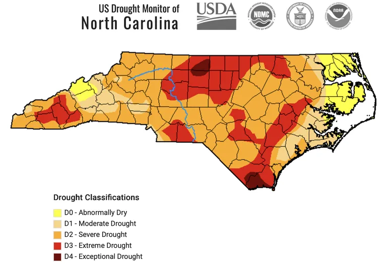 A U.S. Drought Monitor Map of North Carolina illustrating the drought classifications of counties statewide as of July 21, 2026.