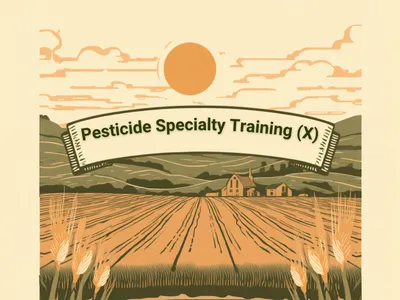 Retro-style poster with a banner reading "Pesticide Specialty Training (X)" over a farm landscape.