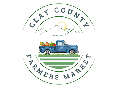Clay County Farmers Market Logo with mountains, blue truck