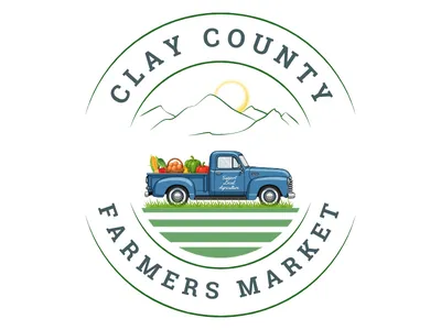Clay County Farmers Market Logo with mountains, blue truck