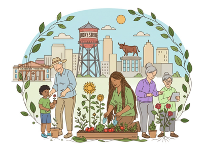 people gardening in the foreground with durham landmarks in the background