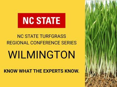 Yellow background with "NC State" in a red box at the top. Black text reads "NC State Turfgrass Regional Conference Series, Wilmington. Know what the experts know." Green grass at the bottom.