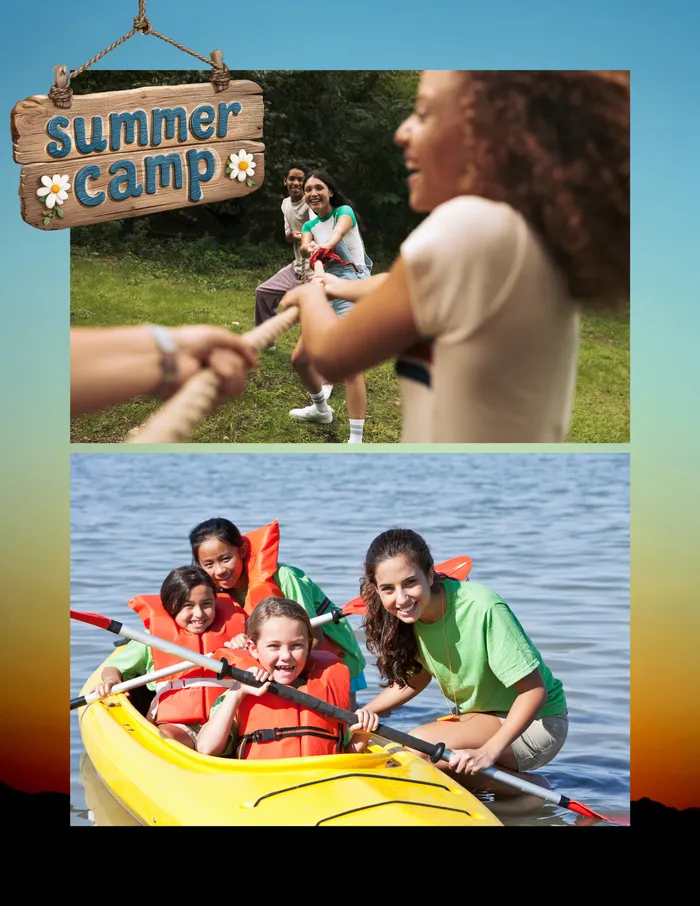 Children participating in a tug-of-war game alongside a separate image of a youth kayaking on a lake.