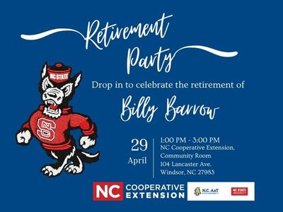 A blue and white digital invitation for a retirement party featuring the NC State "Tuffy" wolf mascot in a red sweater. The text reads, "Retirement Party: Drop in to celebrate the retirement of Billy Barrow." The event is scheduled for April 29, from 1:00