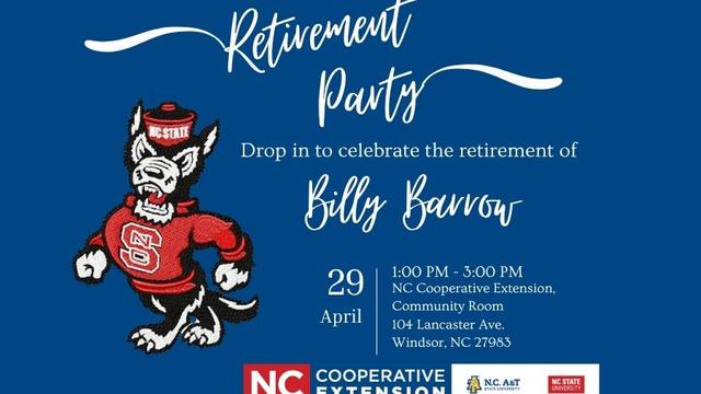 A blue and white digital invitation for a retirement party featuring the NC State "Tuffy" wolf mascot in a red sweater. The text reads, "Retirement Party: Drop in to celebrate the retirement of Billy Barrow." The event is scheduled for April 29, from 1:00