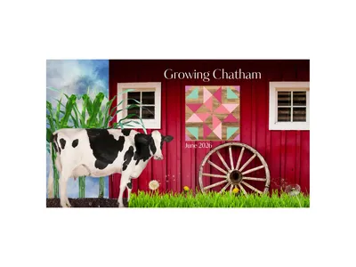 Growing Chatham June cover: A cow beside a red barn with windows, a wagon wheel, and corn field.
