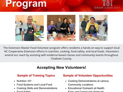 Program flyer announcing volunteer positions available and lists sample training topics and volunteer opportunities for the Extension Master Food Volunteer program.