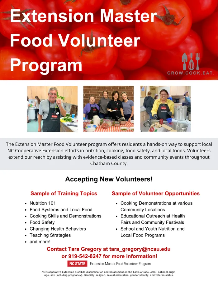 Program flyer announcing volunteer positions available and lists sample training topics and volunteer opportunities for the Extension Master Food Volunteer program.