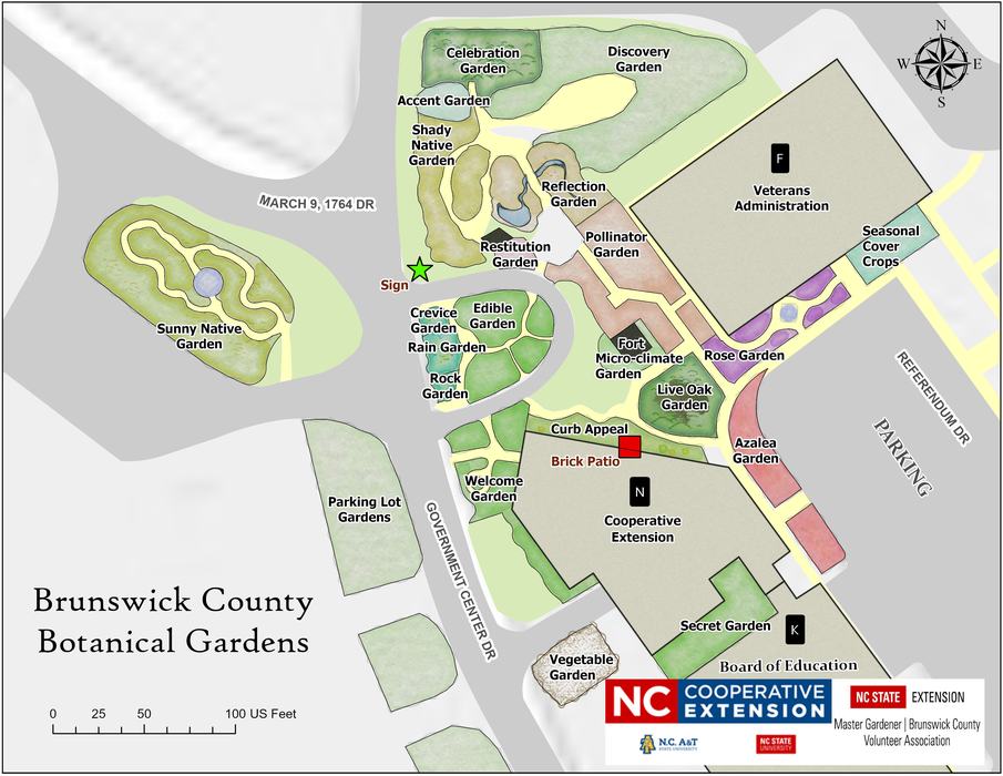A map of the Brunswick County Botanical Garden, denoting the name and boundaries for each separate garden.