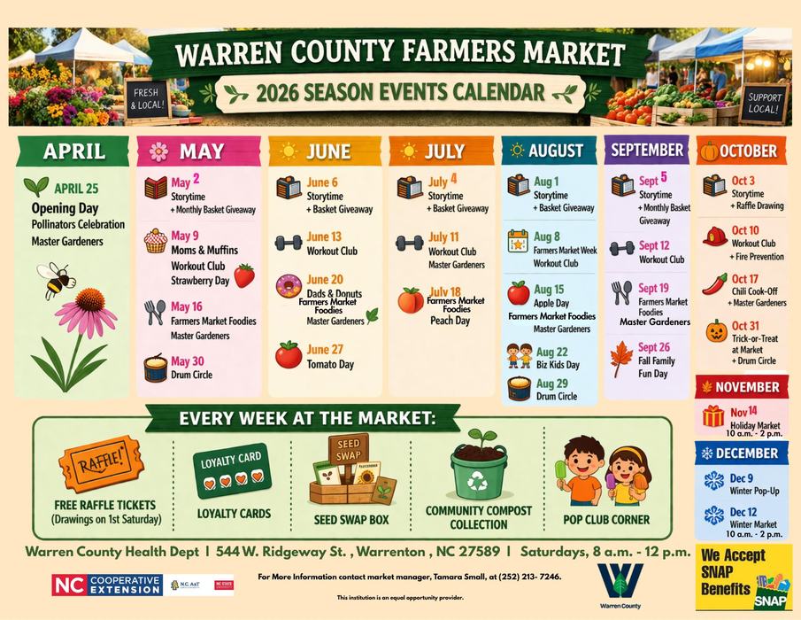 Calendar format with lists of all market vents and special activities