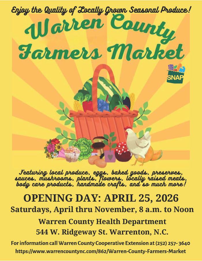 A vibrant, illustrated poster for the Warren County Farmers Market. At the top, "Warren County Farmers Market" is written in playful green script, with "Growers Association" in smaller black text below "Warren County." The background is a bright yellow sunburst. In the center, a large, woven basket overflows with fresh produce, including a watermelon, corn, eggplant, tomatoes, and other vegetables, with green leafy branches spilling out. Below the basket, various farm products are depicted: a bouquet of pink and purple flowers, a green head of lettuce, a cupcake, several mushrooms, eggs in a brown carton, a jar of preserves, a chicken, and an orange squash. At the bottom of the poster, black text reads: "Local produce, eggs, baked goods, preserves, mushrooms, plants, flowers, locally raised meat, body care products, handmade crafts, and more!"