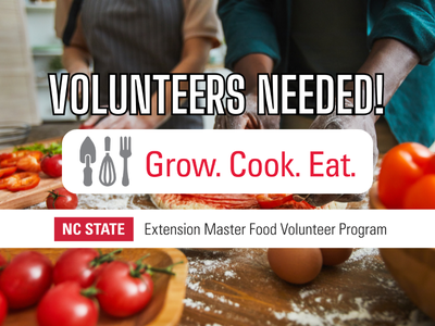 A chef cooking and announcing volunteers needed for extension master food volunteers