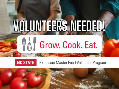 A chef cooking and announcing volunteers needed for extension master food volunteers