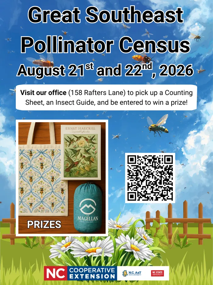 Event poster: Great Southeast Pollinator Census, August 21-22, 2026. Includes prizes and a QR code.