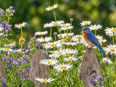 Wildflower garden with a bluebird sitting on a fence post