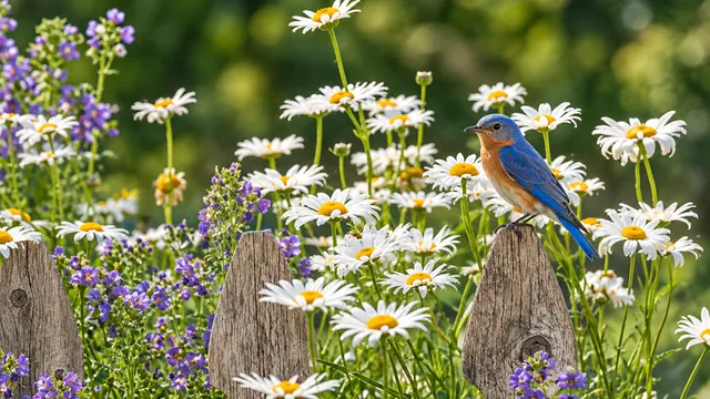Wildflower garden with a bluebird sitting on a fence post