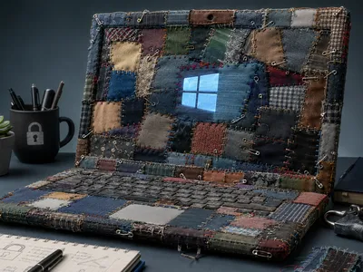 A laptop sits on a desk with a few items that bring security to mind, such as a padlock and key. The device is made of quilted patches held together by safety pins. The MicroSoft Windows logo is visible on the screen.