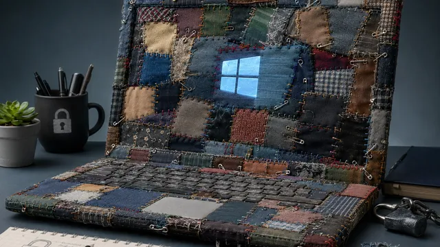 A laptop sits on a desk with a few items that bring security to mind, such as a padlock and key. The device is made of quilted patches held together by safety pins. The MicroSoft Windows logo is visible on the screen.