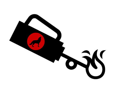 Cartoon image of a driptorch with the NC State wolfpack logo on it