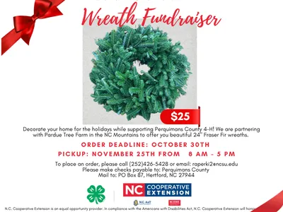 This flyer features a Christmas wreath and details about the fundraiser.
