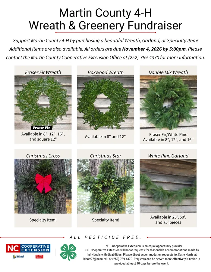 Wreath and Greenery Fundraiser Flyer that shows images of wreath and greenery options.