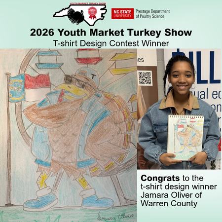Jamara Oliver holding her drawing of a turkey with ferris wheel and state flag.