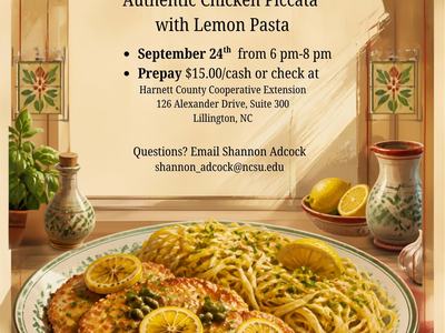A flyer with chicken and pasta advertising a cooking class