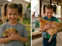 Comparison of the same child holding 3 chicks, then holding a much older adult chicken.