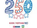 The numbers 250 in red, white, and blue with stripes, starts, and graph line fill above the logos for Kids Voting NC and Durham Cooperative Extension