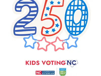 The numbers 250 in red, white, and blue with stripes, starts, and graph line fill above the logos for Kids Voting NC and Durham Cooperative Extension