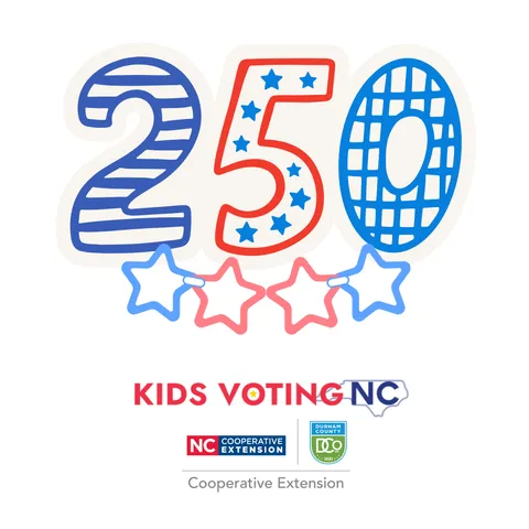 The numbers 250 in red, white, and blue with stripes, starts, and graph line fill above the logos for Kids Voting NC and Durham Cooperative Extension