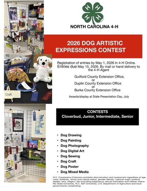 2026 NC 4-H Dog Artistic Expressions Contest flyer. Entries due May 15 via 4-H Online.