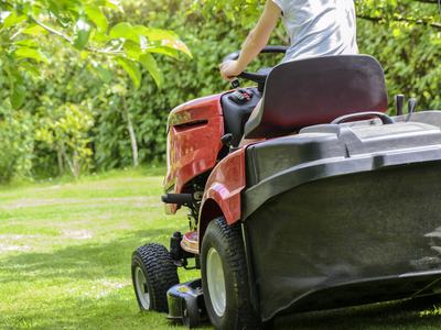 Person on lawn mower cutting grass with a wood line as a perimeter.