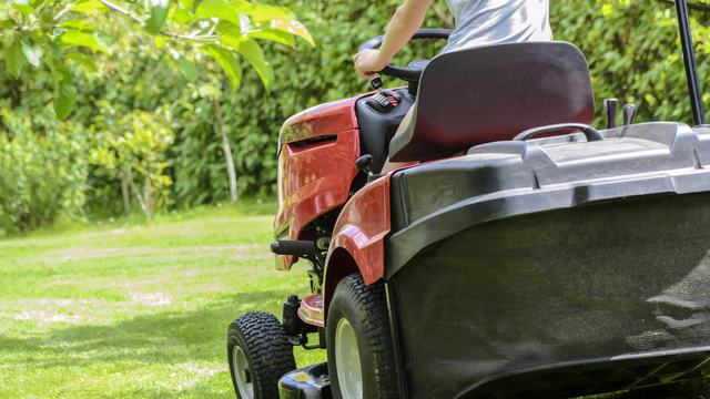 Person on lawn mower cutting grass with a wood line as a perimeter.