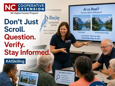 Residents compare real and AI-generated images during an AI safety session.