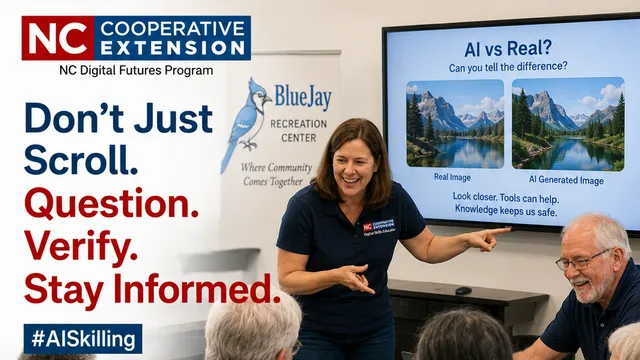 Residents compare real and AI-generated images during an AI safety session.